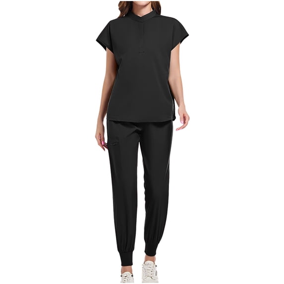 Women's Scrub Outfits Short Sleeve Collar Cap Sleeve Tops and Joggers Cargo Pants Stretch Nursing Uniforms