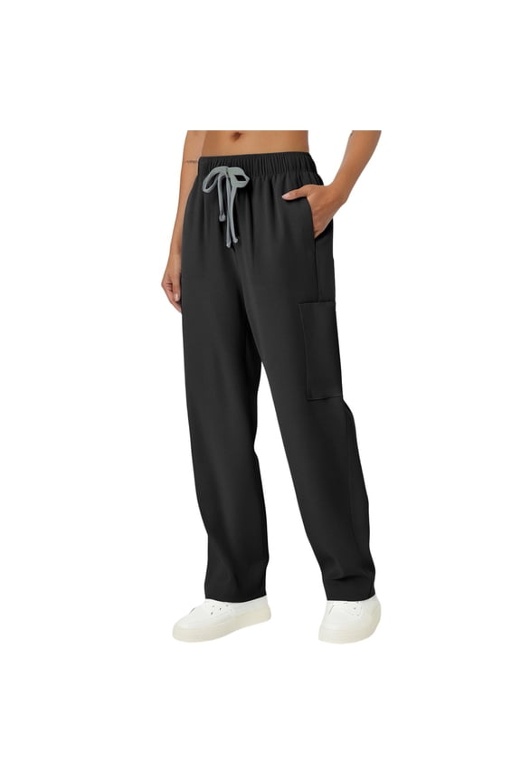 Women’s Scrub Pants Soft Stretch Cargo with 4 Pockets Drawstring Mid-Rise Easy Care Scrub Bottoms Black XL
