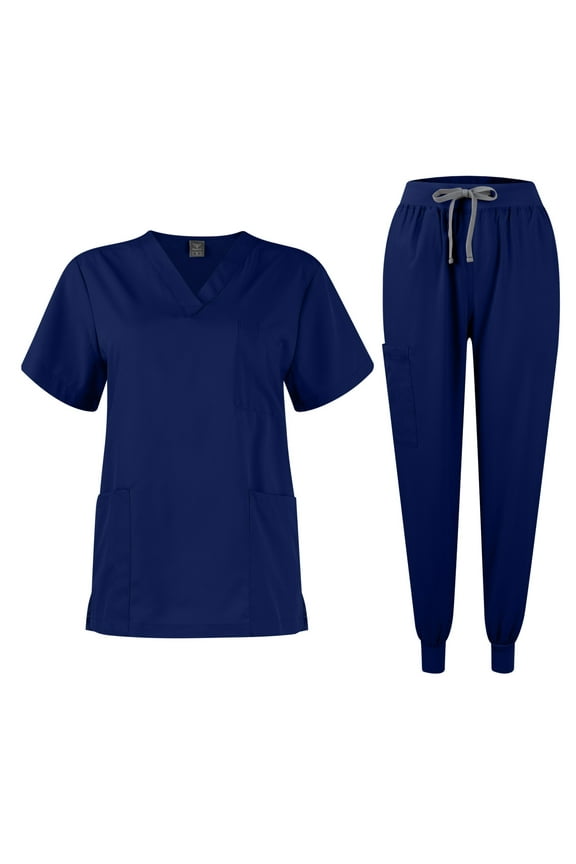Women's Scrub Set, Scrubs Nursing Uniforms Professional Scrub Top and Pants V Neckline Nurse Female Workwear Navy S