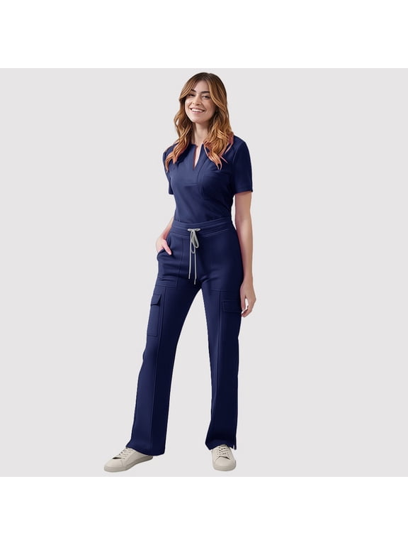 Women's Scrub Set: Short-Sleeve V-Neck Top & Drawstring Pants - Multi-Pocket, Loose-Fit Uniform for Nurses, Caregivers, Medical Staff (Multiple Colors)