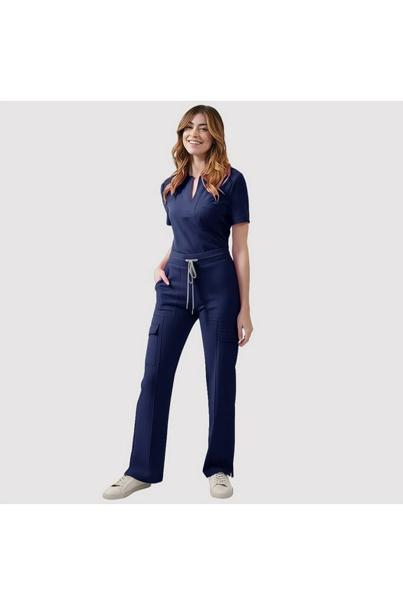 Women's Scrub Set: Short-Sleeve V-Neck Top & Drawstring Pants - Multi-Pocket, Loose-Fit Uniform for Nurses, Caregivers, Medical Staff (Multiple Colors)