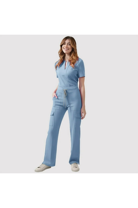 Women's Scrub Set: Short-Sleeve V-Neck Top & Drawstring Pants - Multi-Pocket, Loose-Fit Uniform for Nurses, Caregivers, Medical Staff (Multiple Colors)