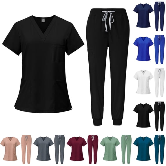 Women's Scrub Set - Stretch V-Neck Short Sleeve Top & Elastic Waistband Jogger Style Pants Uniforms Nursing Scrubs Workwear, #01 Black, XXL