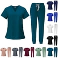 thumbnail image 1 of Women's Scrub Set - Stretch V-Neck Short Sleeve Top & Elastic Waistband Jogger Style Pants Uniforms Nursing Scrubs Workwear, #01 Turquoise, L, 1 of 6
