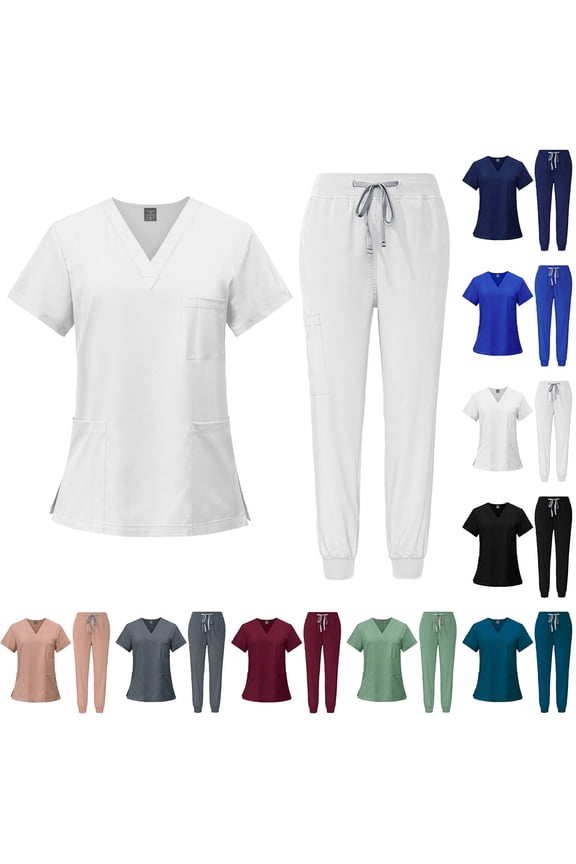 Women's Scrub Set - Stretch V-Neck Short Sleeve Top & Elastic Waistband Jogger Style Pants Uniforms Nursing Scrubs Workwear, #01 White, M