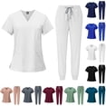 thumbnail image 1 of Women's Scrub Set - Stretch V-Neck Short Sleeve Top & Elastic Waistband Jogger Style Pants Uniforms Nursing Scrubs Workwear, #01 White, S, 1 of 6