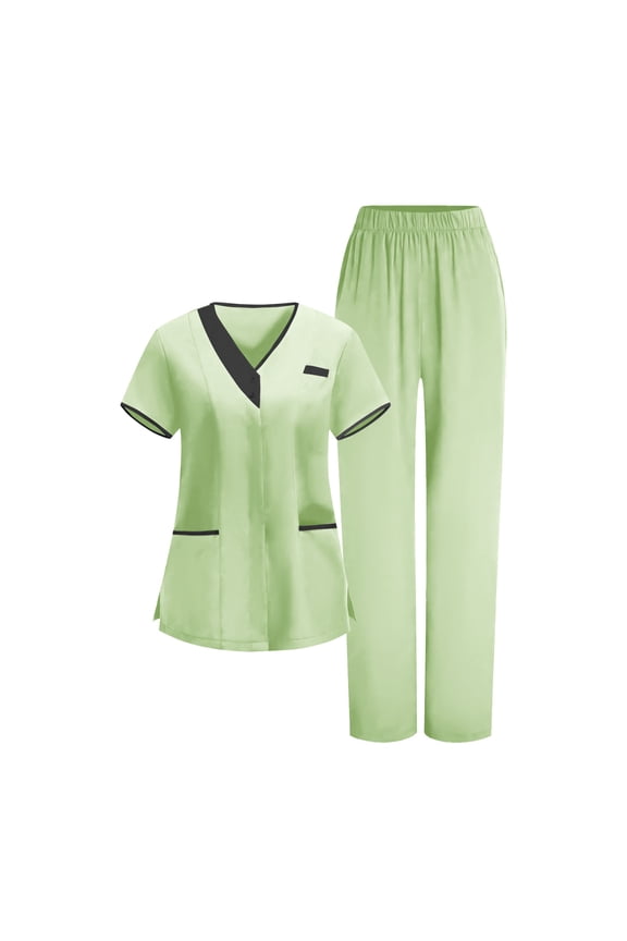 Women's Scrub Sets 2 Piece Short Sleeve Tops & Pull-On Straight Leg Pants Housekeeping Uniform 4-Way Stretch Performance Healthcare Workwear Suits with 5 Pockets for Spa