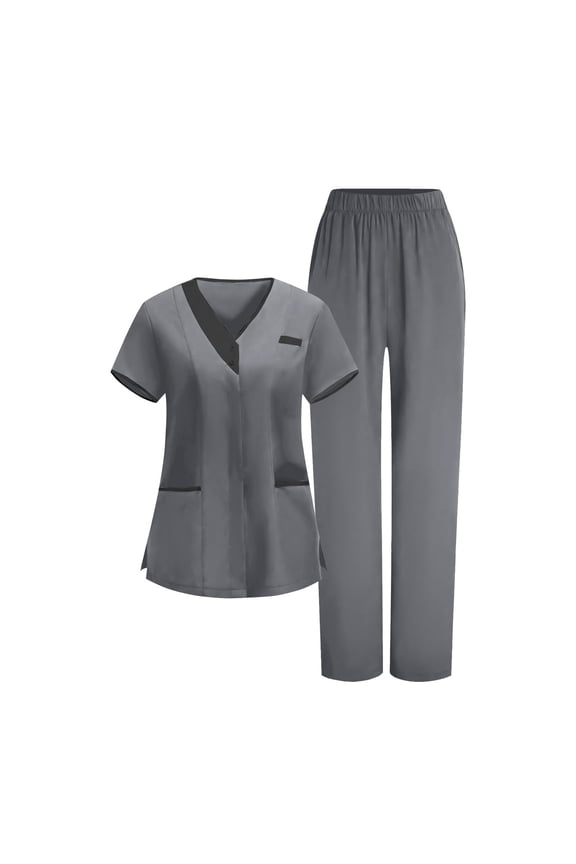 Women's Scrub Sets 2 Piece Short Sleeve Tops & Pull-On Straight Leg Pants Housekeeping Uniform 4-Way Stretch Performance Healthcare Workwear Suits with 5 Pockets for Spa