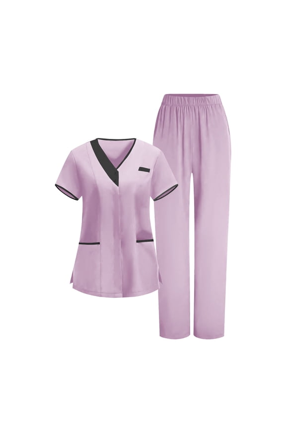 Women's Scrub Sets 2 Piece Short Sleeve Tops & Pull-On Straight Leg Pants Housekeeping Uniform 4-Way Stretch Performance Healthcare Workwear Suits with 5 Pockets for Spa