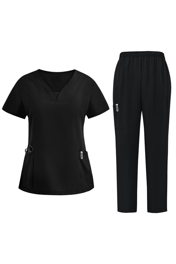 Women's Scrub Sets Clearance Uniforms, Ladies Cool Stretch V-Neck Tops and Cargo Pant Scrub Set, Nurse Two Piece Workwear Suit with Pockets Spring Outfits for Women 2025 Black M