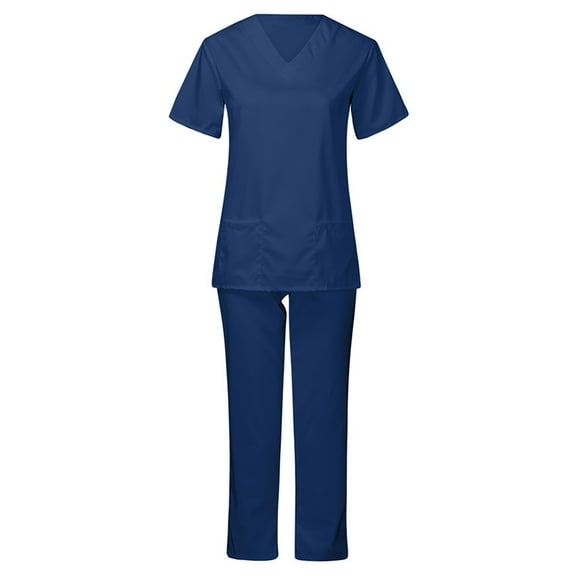 Women's Scrub Sets Uniforms Ladies Cool Stretch V-Neck Tops and Wide Leg Pant Scrub Set, Nurse Two Piece Workwear Suit Summer Outfits for Women 2 Piece Sets Dark Blue XXL