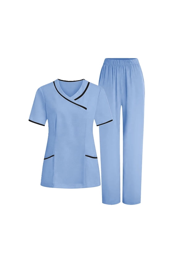 Women's Scrub Sets Color Block Mock Wrap V-Neck Top & Pull-On Elastic Waistband Straight Leg Pants 5 Pockets 4-Way Stretch Nursing Uniform Healthcare Workwear for Spa