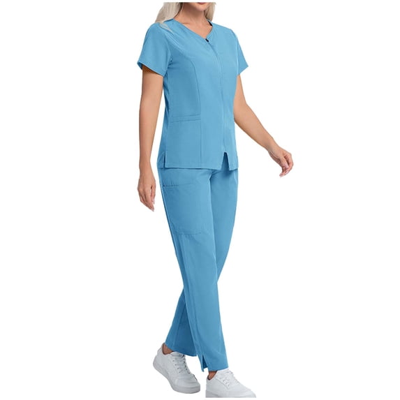 Women's Scrub Sets Cool Stretch Zip Up Short Sleeve Top & Drawstring Waist Pants 2 Piece Nursing Uniform Soft Performance Quick Dry Breathable Workwear