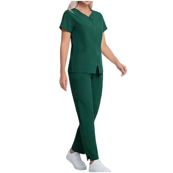 Women's Scrub Sets Cool Stretch Zip Up Short Sleeve Top & Drawstring Waist Pants 2 Piece Nursing Uniform Soft Performance Quick Dry Breathable Workwear