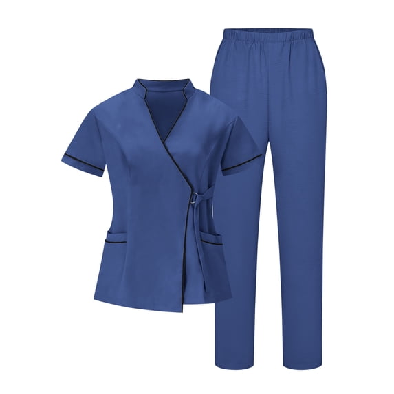 Women's Scrub Sets Mandarin Collar Mock Wrap Top & Pull-On Straight Leg Pants 4-Way Stretch Nursing Uniform Summer Utility Quick Dry Healthcare Workwear Suits for Spa