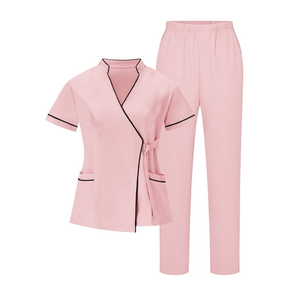 Women's Scrub Sets Mandarin Collar Mock Wrap Top & Pull-On Straight Leg Pants 4-Way Stretch Nursing Uniform Summer Utility Quick Dry Healthcare Workwear Suits for Spa