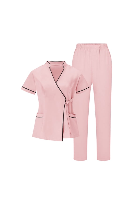Women's Scrub Sets Mandarin Collar Mock Wrap Top & Pull-On Straight Leg Pants 4-Way Stretch Nursing Uniform Summer Utility Quick Dry Healthcare Workwear Suits for Spa