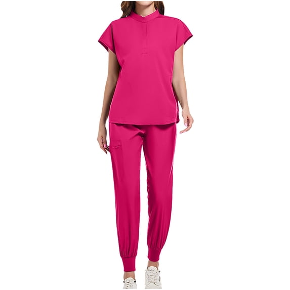 Women's Scrub Sets Mandarin Collar Top & Jogger Pants 4-Way Stretch Short Sleeve 2 Piece Nursing Uniform Performance Elastic Waist Drawstring Workwear for Healthcare