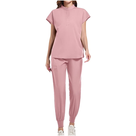 Hatoys Women's Scrub Sets Mandarin Collar Top & Jogger Pants 4-Way Stretch Short Sleeve 2 Piece Nursing Uniform Performance Elastic Waist Drawstring Workwear for Healthcare
