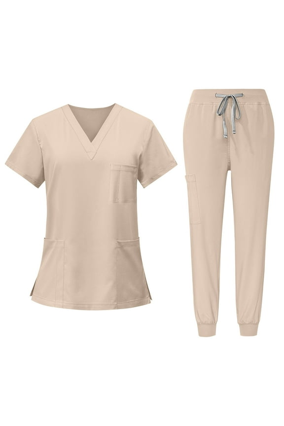 Women's Scrub Sets, Modern V Neck Scrub Top & Jogger Pant with 8 Pockets Professionals Soft Stretch Medical Nursing Uniforms Set (Beige)