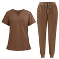 thumbnail image 1 of Women's Scrub Sets, Modern V Neck Scrub Top & Jogger Pant with 8 Pockets Professionals Soft Stretch Medical Nursing Uniforms Set (Brown), 1 of 3