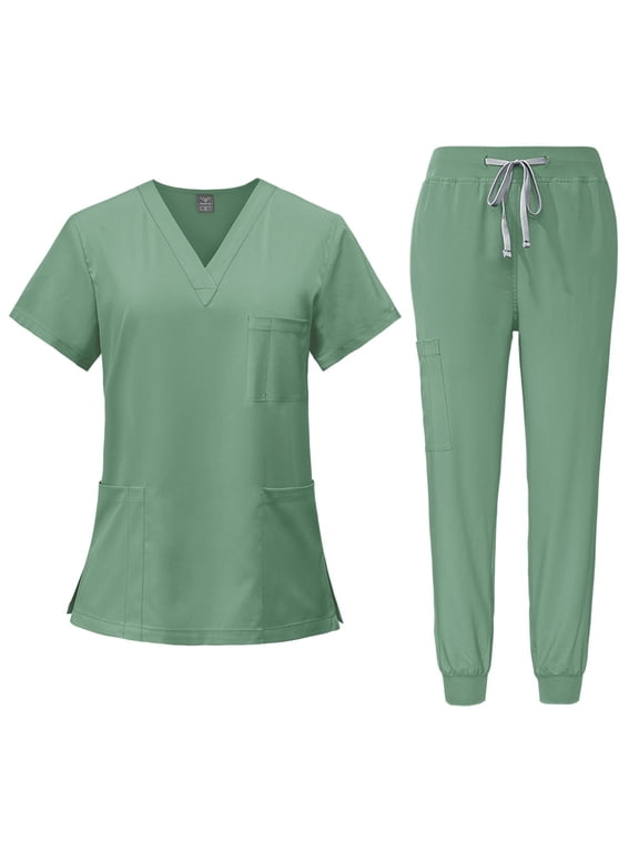 Women's Scrub Sets, Modern V-Neck Scrub Top & Jogger Scrub Pants with Multi Pockets Professionals Soft Stretch Medical Nursing Uniforms Set mint green XX-Large