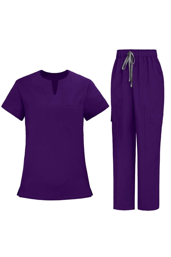Women's Scrub Sets Notched V Neck Short Sleeve Top & Drawstring Cargo Pants Elastic Waist 4-Way Stretch Nursing Uniform Summer Wrinkle-Free Workwear for Clinic Healthcare