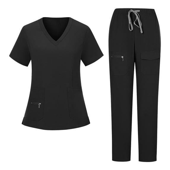 Women's Scrub Sets Short Sleeve V-Neck Top & Straight Leg Pants with Zipper Pockets Elastic Waist Drawstring 4-Way Stretch Nursing Uniform Quick Dry Workwear for Clinic Nurse