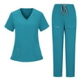 thumbnail image 1 of Women's Scrub Sets Short Sleeve V-Neck Top & Straight Leg Pants with Zipper Pockets Elastic Waist Drawstring 4-Way Stretch Nursing Uniform Quick Dry Workwear for Clinic Nurse, 1 of 4