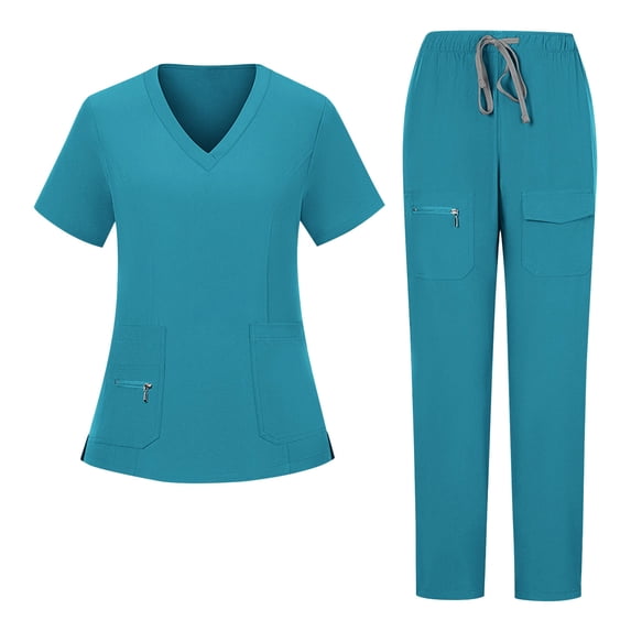 Women's Scrub Sets Short Sleeve V-Neck Top & Straight Leg Pants with Zipper Pockets Elastic Waist Drawstring 4-Way Stretch Nursing Uniform Quick Dry Workwear for Clinic Nurse