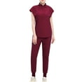thumbnail image 1 of Women's Scrub Sets Short Sleeve V Neck Tops with Drawstring High Waist Joggers Pants Solid 2 Piece Scrubs Sets with Pockets Wine,M, 1 of 6