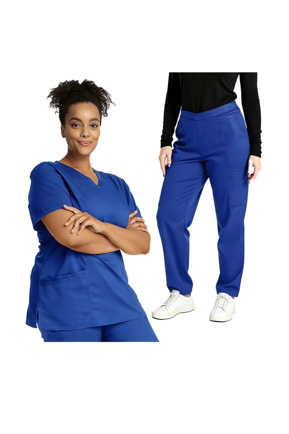 Women's Scrub Sets Unisex V Neck Top & Drawstring Cargo Pants Nursing Uniform Short Sleeve Straight Leg 4-Way Stretch Durable Scrubs Suit with 6 Pockets