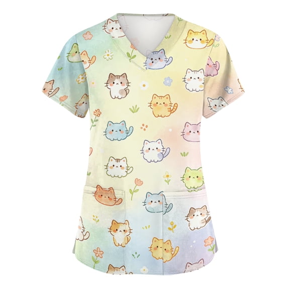 Women's Scrub Shirts Lovely Animal Pattern V Neck Short Sleeve Nurse Pocket Uniforms