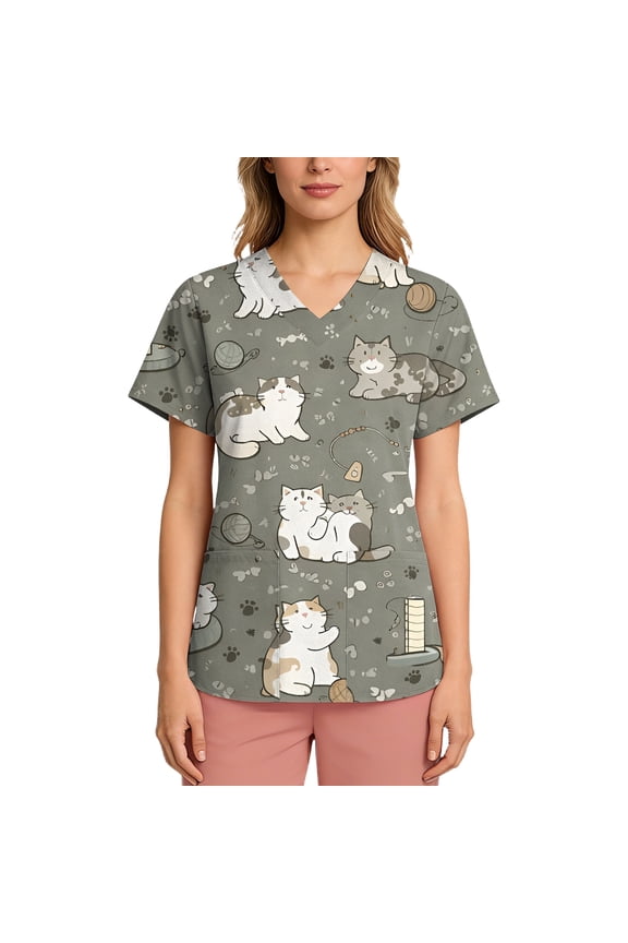 Women's Scrub Top Comfortable Stretch V-Neck Cute Animals Printed Medical Shirt with Pockets
