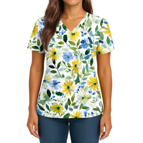 Women's Scrub Top Comfortable Stretch V-Neck Floral Printed Medical Shirt with Pockets
