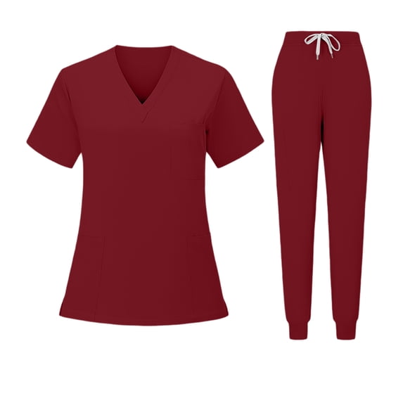 Women's Scrub Top with Classic V-Neck & Yoga Jogger Pants with Pockets, Medical Nursing Uniform Set L