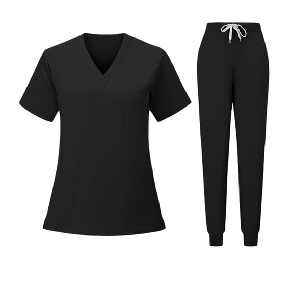 Women's Scrub Top with Classic V-Neck & Yoga Jogger Pants with Pockets, Medical Nursing Uniform Set L