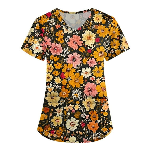 Women's Scrub Top with Pockets Cute Print V-Neck Short Sleeve Nurse Uniform, Comfortable & Stylish-Yellow-4XL