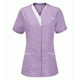 thumbnail image 1 of Women's Scrub Tops Color Block Short Sleeve V-Neck Button Down Nurse T Shirt Housekeeping Uniform Tops, 1 of 3