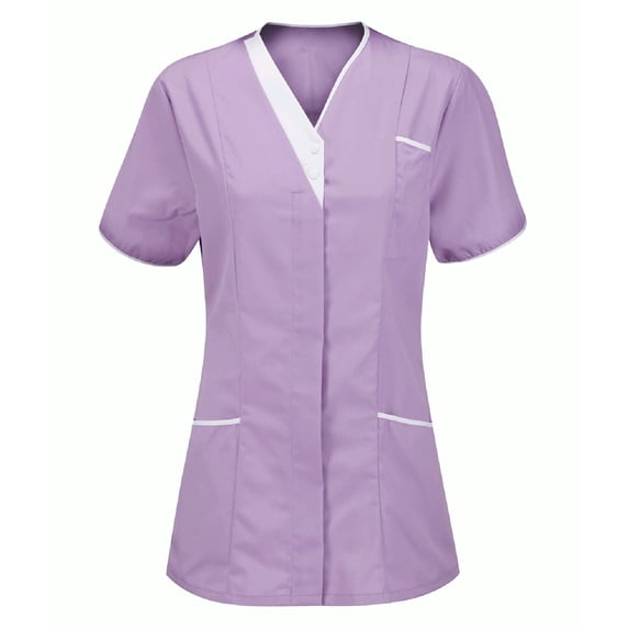 Women's Scrub Tops Color Block Short Sleeve V-Neck Button Down Nurse T Shirt Housekeeping Uniform Tops