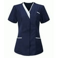 thumbnail image 1 of Women's Scrub Tops Color Block Short Sleeve V-Neck Button Down Nurse T Shirt Housekeeping Uniform Tops, 1 of 3