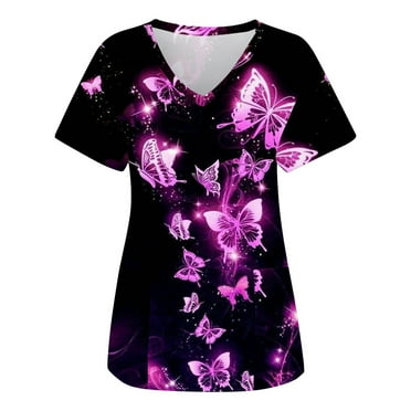 Women's Scrub Tops Fashion Butterflies Print Short Sleeve Workwear V Neck Pockets Working Blouse Shirt Basic Shirts
