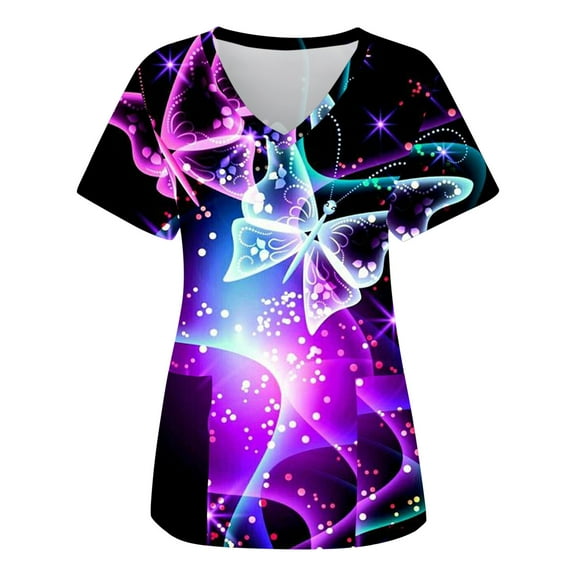 Scrubs Tops For Women Print Butterflies American Flag Print Short Sleeve Workwear V-Neck Pockets Tops Working Shirt