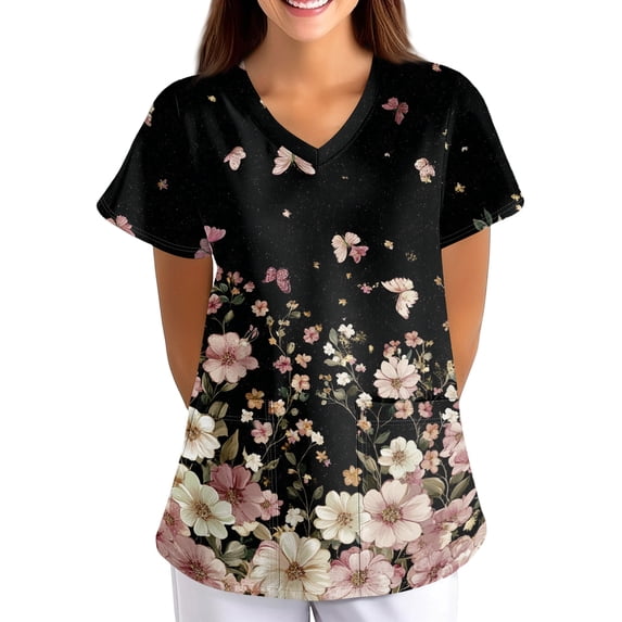 Women's Scrub Tops Floral Printed V Neck Short Sleeve Healthcare Uniforms