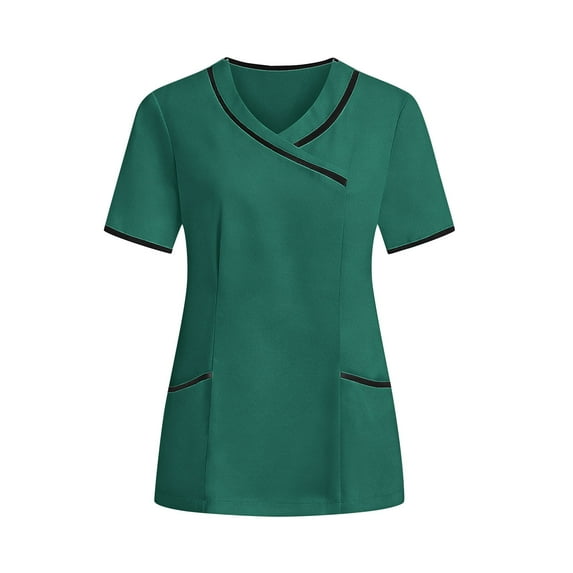 Women's Scrub Tops Mock Wrap V-Neck Color Block Nursing Uniform Tunic Summer Breathable 4-Way Stretch Performance Quick Dry Soft Workwear Shirts with Pockets