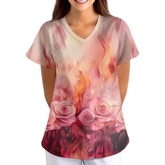 Women's Scrub Tops Multi Pocket V Neck Short Sleeve Floral Printed Scrub Shirts