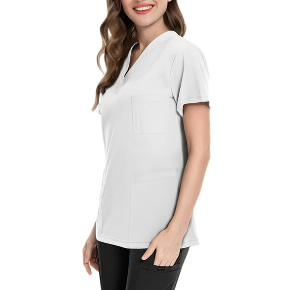 Women's Scrub Tops, Side Slit - Solid Color Short Sleeve Medical Uniform for Healthcare Professionals Lightweight Breathable V-Neck Nursing Top with Multi-Pocket White L