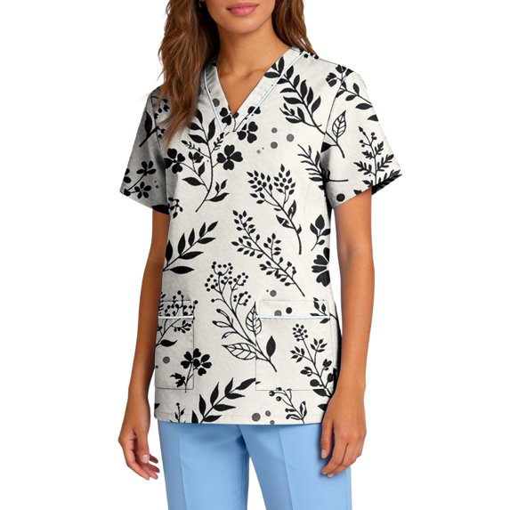 Women's Scrub Tops V Neck Floral Print Blouses Comfortable Short Sleeve Shirts with Pockets