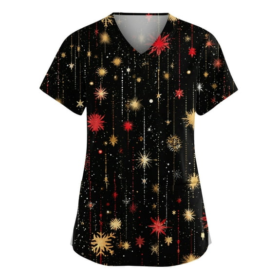 Women’s Scrub Tops V Neck Santa Print Short Sleeve Nursing Tops Festive Holiday Casual Scrub Shirts for Winter Season Black S