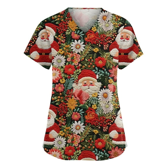 Women’s Scrub Tops V Neck Santa Print Short Sleeve Nursing Tops Festive Holiday Casual Scrub Shirts for Winter Season Vermilion 3XL